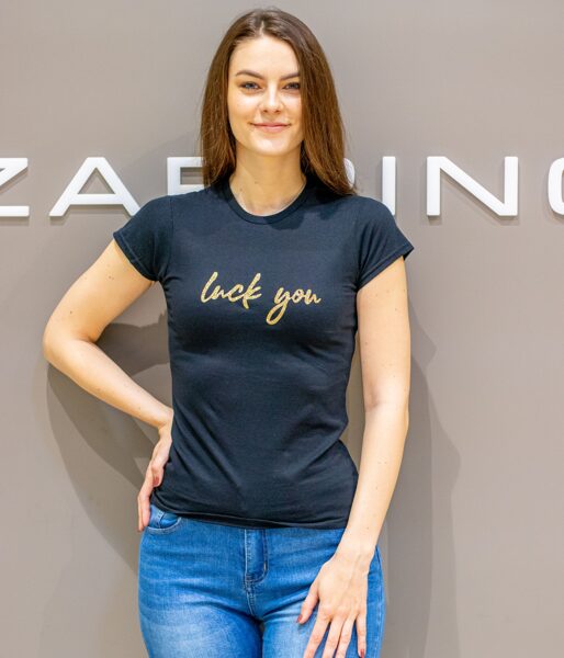 Sieviešu t-krekls ar apdruku "Luck you"